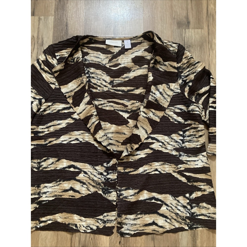 Chicos Womens Size 2 Medium Animal Print Crinkle Stretch Open 3/4 Sleeve Blouse - Picture 5 of 8